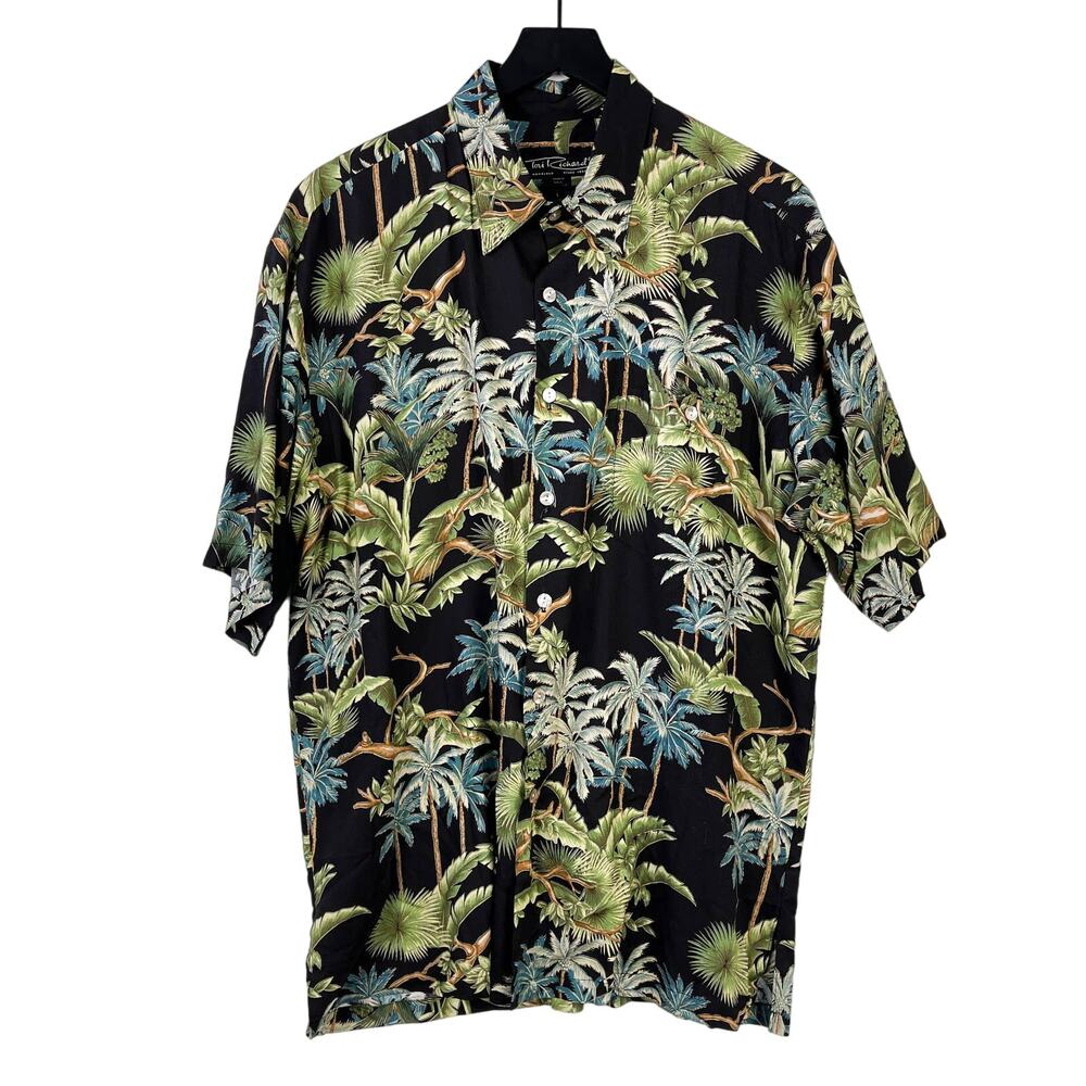 Tori Richard Mens Large Hawaiian Shirt Button Down Palm Trees Black Green